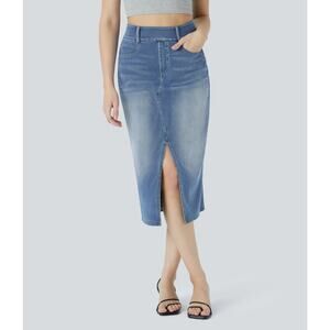 NWT Halara Flex High Waisted Pockets Washed Denim Midi Skirt